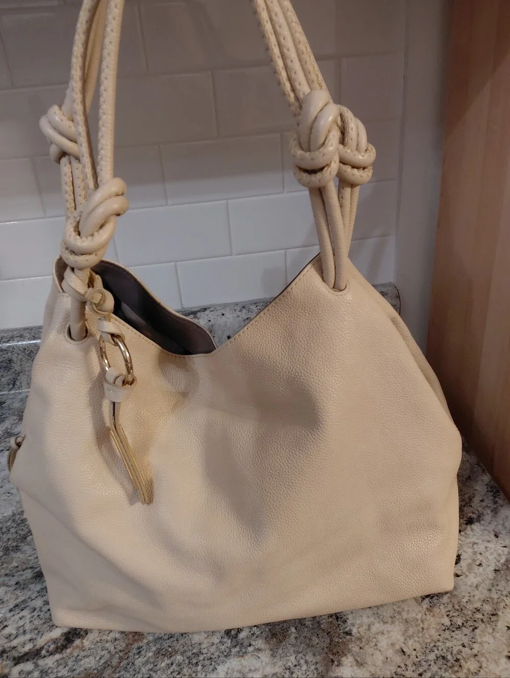Vince Camuto Cream Pebbled Leather Knotted-Handle Hobo Bag Purse
